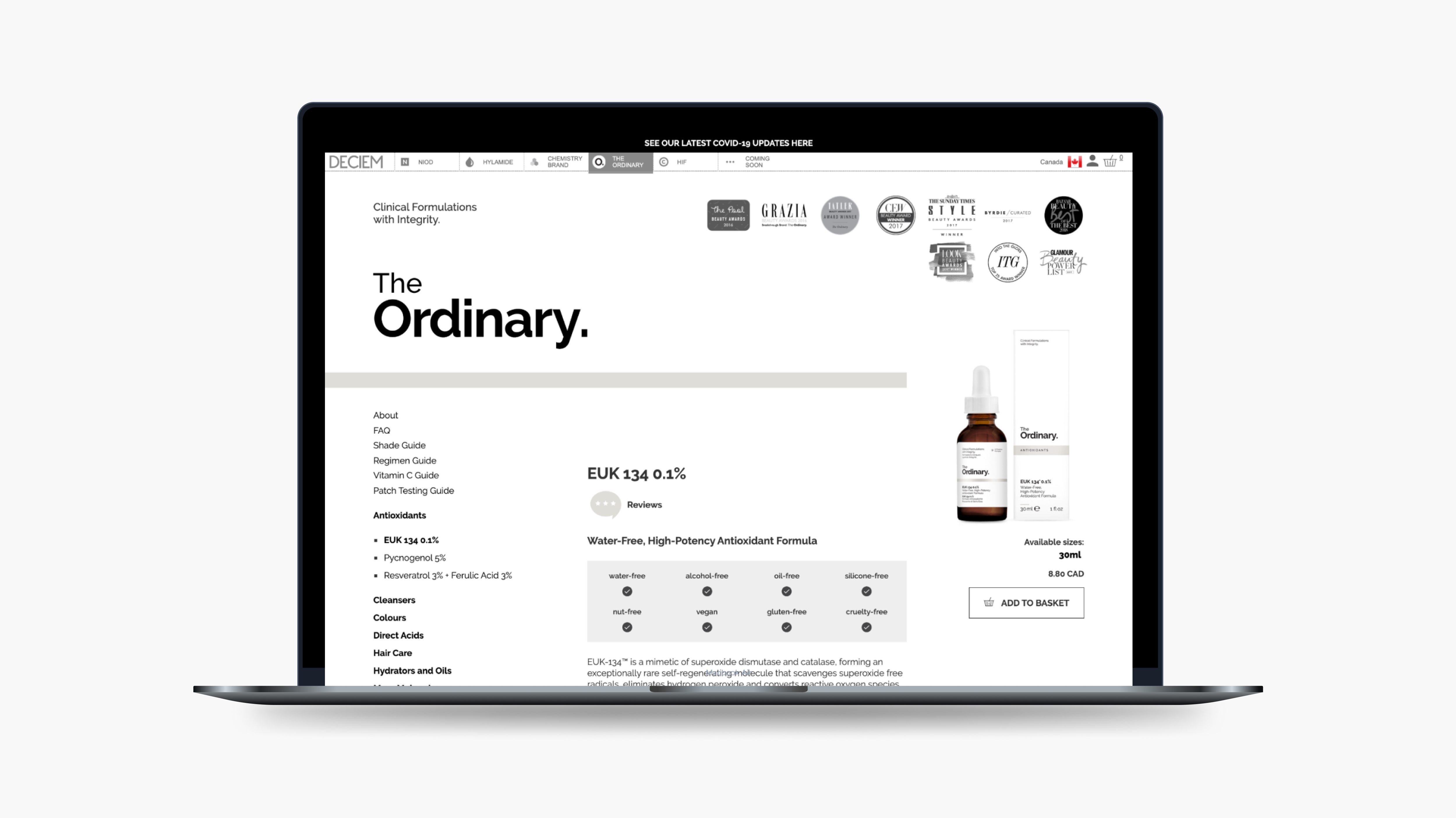 The Ordinary PDP before redesign